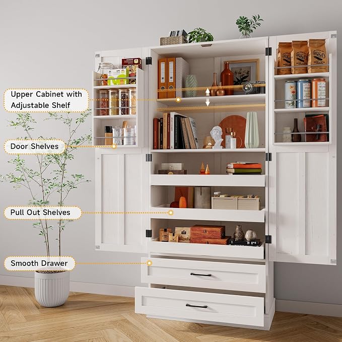 71" Tall Farmhouse Kitchen Pantry Cabinet with 3 Pull Out Shelves & 2 Large Drawers, Pantry Storage Cabinet with 6 Door Shelf & Adjustable Shelf, Freestanding Cupboard for Kitchen, Dining Room