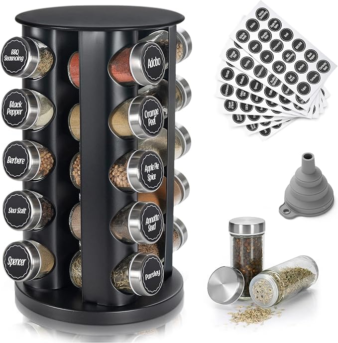 Tianifa Black Countertop Revolving Spice Rack, Empty 20-Jars Rotating Spice Rack Organizer, Round Carousel Tower, 135 Spice Labels with Funnel Complete Set, for Kitchen Countertop, Cabinet
