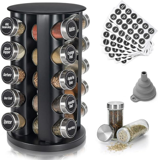 Tianifa Black Countertop Revolving Spice Rack, Empty 20-Jars Rotating Spice Rack Organizer, Round Carousel Tower, 135 Spice Labels with Funnel Complete Set, for Kitchen Countertop, Cabinet