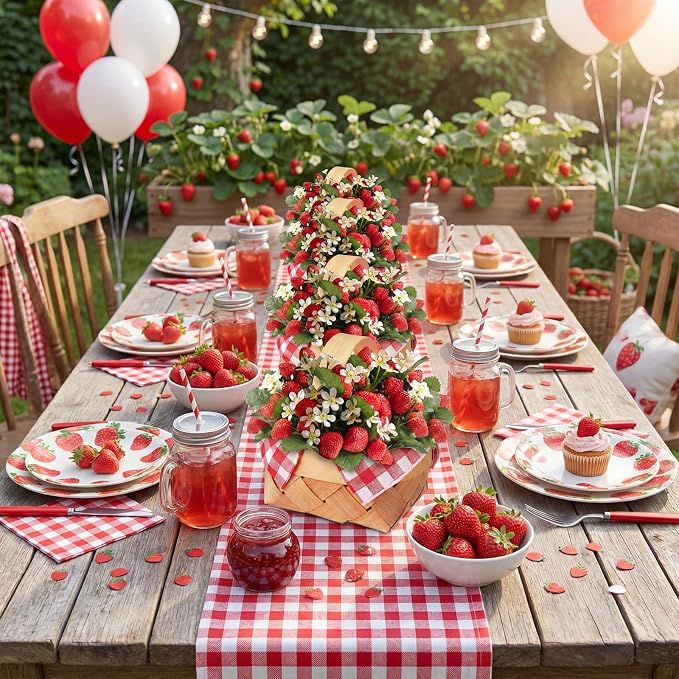 6 Pcs Summer Mini Woven Picnic Basket Party Favor Red White Gingham Paper Napkins Wood Chip Mini Flower Fruit Picnic Basket Chip for Summer Wedding Party Baby Shower Decoration (Large)