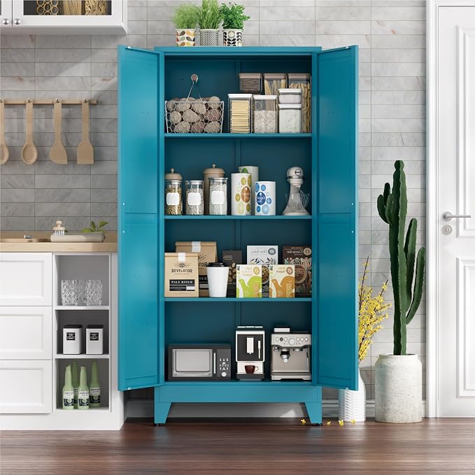Farmhouse Pantry Cabinet with Barn Doors,61" H x 27.5" W,Metal Cabinet with Adjustable Shelves,4-Tier Storage Cabinet for Kitchen Dining Room Garage,Blue 1 Pack