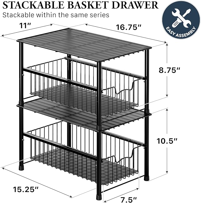 Simple Houseware Wired Stackable Under Sink Cabinet Sliding Basket, Black | Free Standing Organizer Drawer, Kitchen/Pantry/Cabinet/Counter