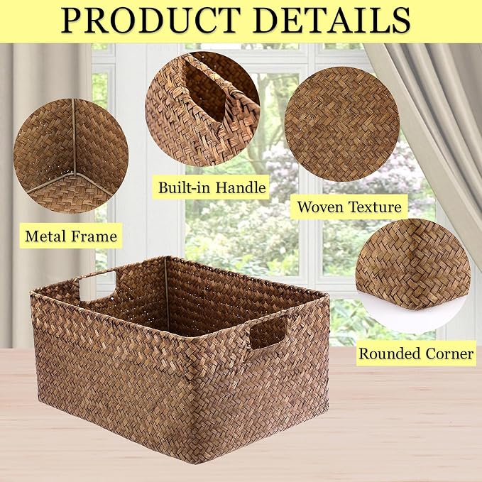 Hipiwe Seagrass Storage Baskets Bin for Shelf, X-Large Woven Wicker Basket | Rectangular Bathroom Baskets Organizer Built-in Handles, Multipurpose Storage Basket Bin, 16.1"L x11.8"W x7.7"H