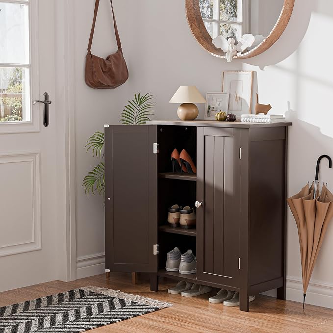SUPER DEAL Modern Bathroom Floor Storage Cabinet with Adjustable Shelf and Double Door Rust Proof, Living Room Modern Home Furniture Storage Organizer Cabinet, Brown