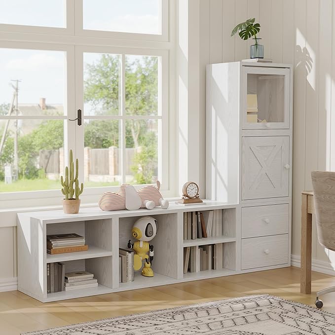 FUSUNBAO Magic DIY Cube Storage Organizer Stackable Cubes for Home Books Clothes Toy-Modular Cubby Storage System-Office Cubical-Bookcase Closet (Pure White-Washed, Door Cube)