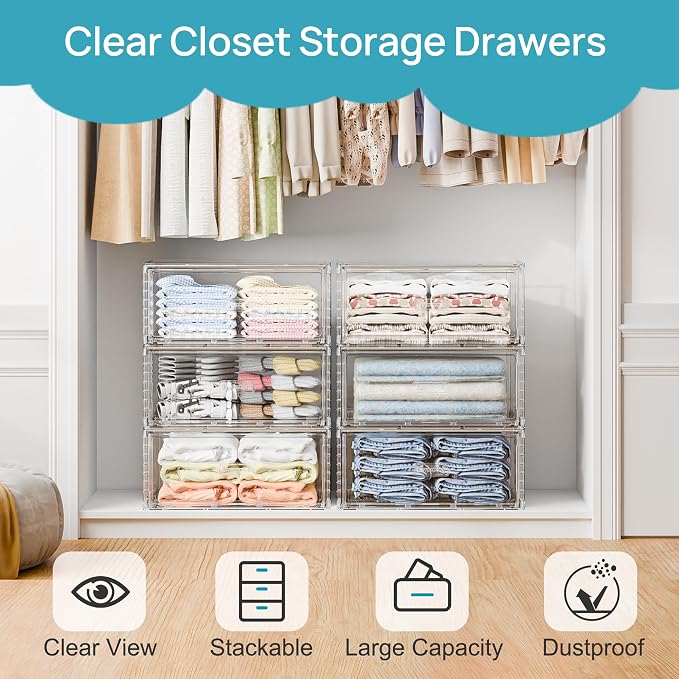 Vtopmart 3 Pack Large Clear Stackable Storage Drawers 23QT | Easily Assemble Plastic Closet Storage Bins, Dust-Proof UnderBed Organizer for Clothing, Sweater Organization