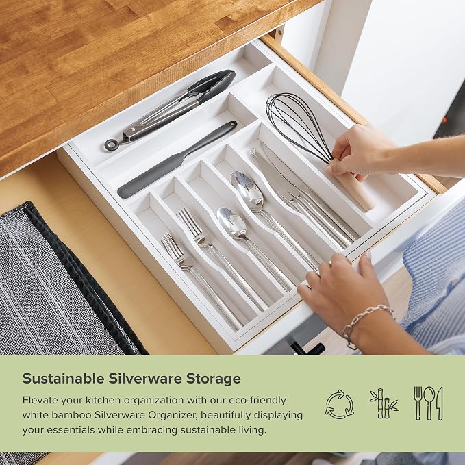 KitchenEdge Silverware & Utensil Drawer Organizer, 16-28 in, White Bamboo | Cutlery, flatware, food-safe contract grade, kitchen drawer fit