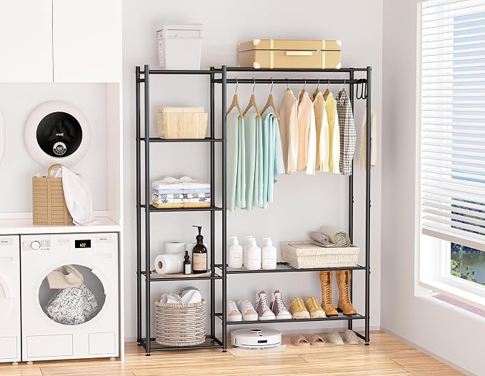 Closet Wardrobe, Closet Organizers and Storage System, Metal Clothes Rack | All in one, With 4 Tiers Shelves, Portable & Free Standing, for Hanging Clothes, for Cloakroom Bedroom