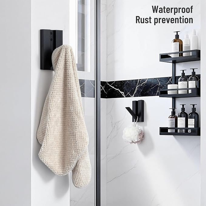 Wood Wall Hooks for Entryway: 2Pack Folding Black Modern Coat Hooks | Heavy Duty Hanger for Hanging Towels Backpack Bags Jacket - Space Saving Minimalist Design for Aesthetic Homeowners