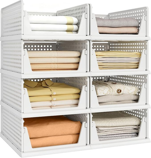 Pinkpum 8 Pack Closet Organizer Storage Bins Stackable Plastic Drawer Shelf | Basket for Clothing Stackable Storage Bins Shelf Storage Container for Closet Wardrobe Bedroom Bathroom Office White Foldable
