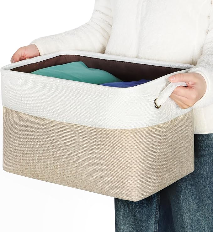 Foldable Storage Bin Collapsible Fabric Storage Basket Cube with Durable Handles Closet Organizer Bins for Organizing Shelves Drawers, Set of 3, 15" x 10" x 9.5", Beige