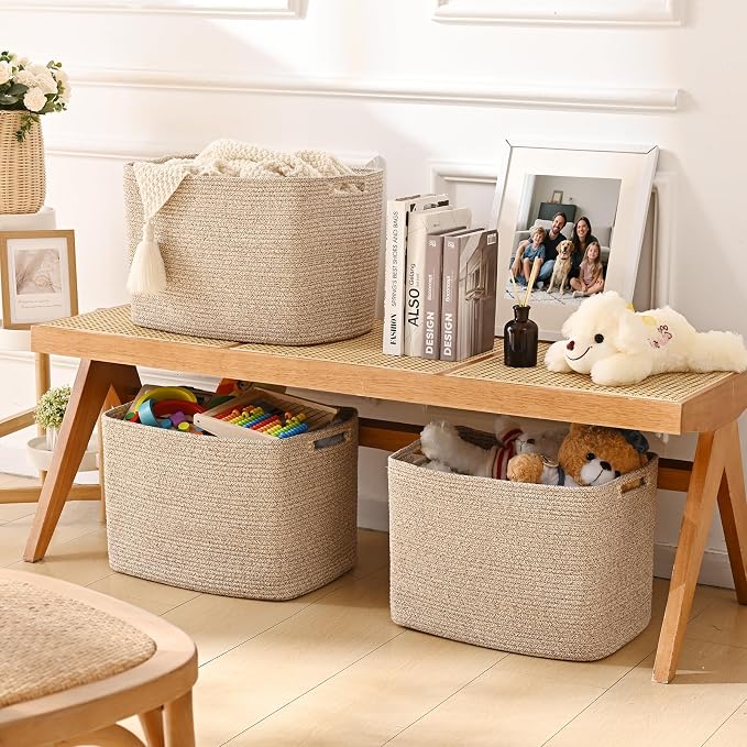 3 Pack Cube Storage Bin, 17”x12”x12” Cotton Rope Woven Baskets for Organizing Toys Clothes Towels, Square Gift Storage Baskets for Shelves, Nursery, Closet, Bathroom, Pantry (Jute)