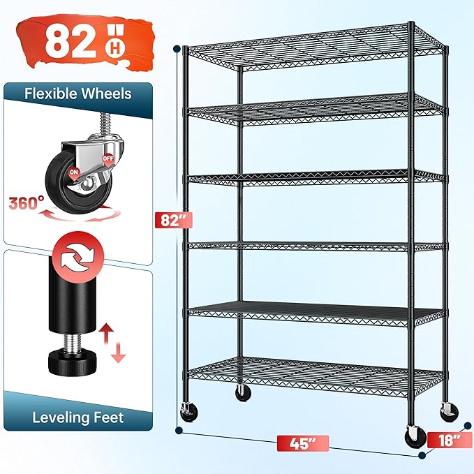 Romorgniz Storage Shelves with Wheels, 6 Tier Wire Shelving Adjustable Metal Shelving Pantry Shelves Capacity 1200LBS for Garage, Pantry, Kitchen, Office,82" H X45 W X18 D,Black,4P