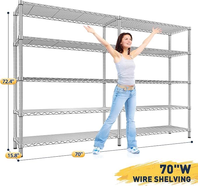 REIBII Chrome Metal Shelving, 70" W & 1500LBS Heavy Duty for Kitchen | L/H Shaped Shelves, Adjustable Metal Shelves, 5 Tier Freestanding, Anti-Tipping Device, Moisture Resistant, Leveling feet