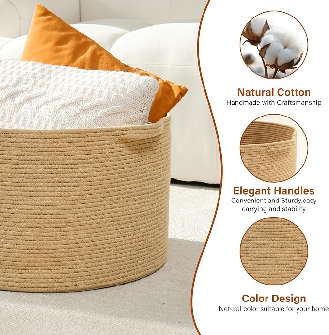 Foldable Laundry Hamper Basket with Collapsible Handle Cotton Rope Soft Woven Fabric Storage Organizer Clothes Toys Nursery Bedroom Dorm Space Saving Bin (Camel, 80L(21.7"D x 13.8"H))