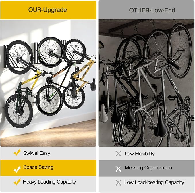 Swivel Bike Wall Mount, Bicycle Hangers for Garage, Space-Saving Vertical Bike Storage Rack, Sturdy Garage Bike Rack Holds Up to 77 lbs, Easy to Install-Black