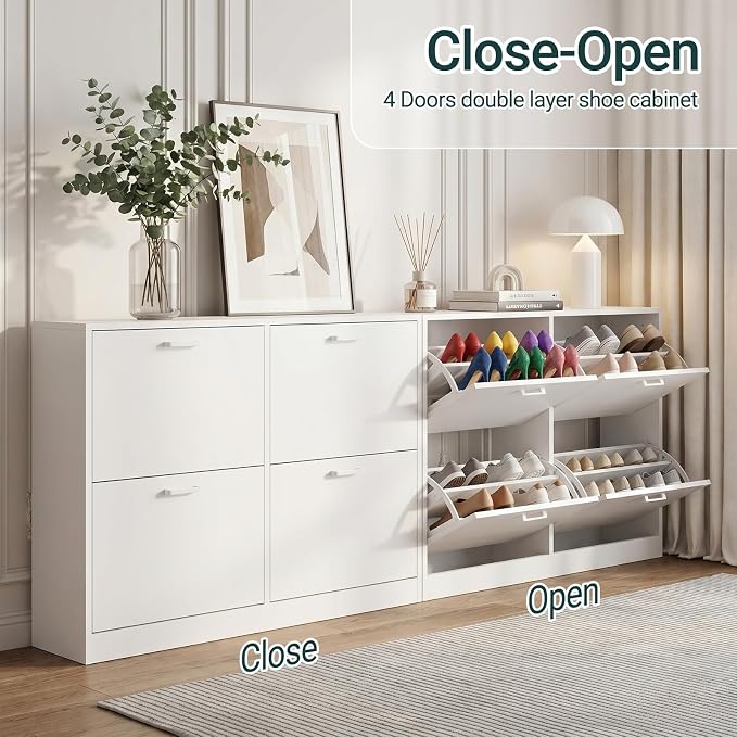 Shoe Cabinet with 4 Flip Drawers, Narrow Freestanding Shoe Organizer, Hidden Slim Shoe Storage Cabinet for Entryway, Hallway, Living Room, White