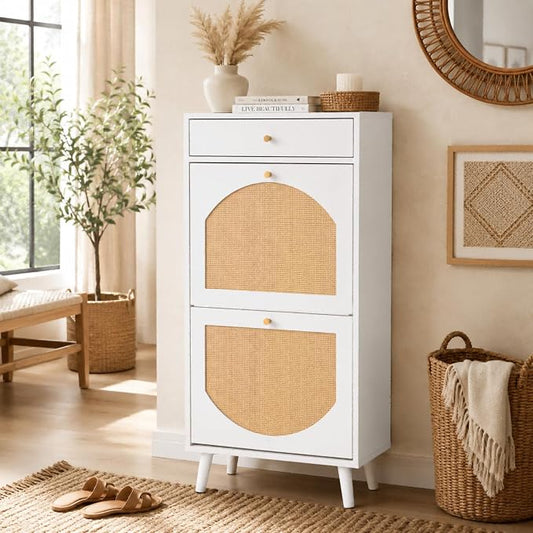 VINGLI Rattan Shoe Cabinet, White Slim Shoe Storage Cabinet for Entryway, Modern Boho 2 Flip Drawer Shoe Rack Organizer with Top Drawer, Narrow Hidden Shoe Storage for Hallway, 21.3" W x 9.4" D