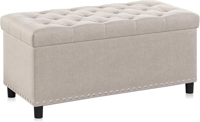 BELLEZE Storage Ottoman, Tufted Ottoman with Close Hinge, Foot Rest for Living Room (Beige, 31 inch)