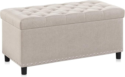 BELLEZE Storage Ottoman, Tufted Ottoman with Close Hinge, Foot Rest for Living Room (Beige, 31 inch)