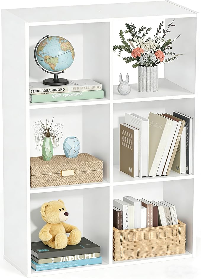 Simple Deluxe 6 Cube Storage Organizer, 3 Tier Stackable Bookshelf, Open Cube Bookshelf with 3 Removable Back Panels, Suitable for Living Room, Bedroom, Home Office, 36" L X 11.6" W X 24" H, White