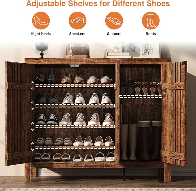 UNIQUITE Wooden Shoes Cabinet with 3 Doors and Adjustable Shelves, Retro Freestanding Shoe Organizer Cabinet for Entryway Hallway Living Room, 5-Tier Shoe Cabinet for 30 Pairs, Dark Walnut
