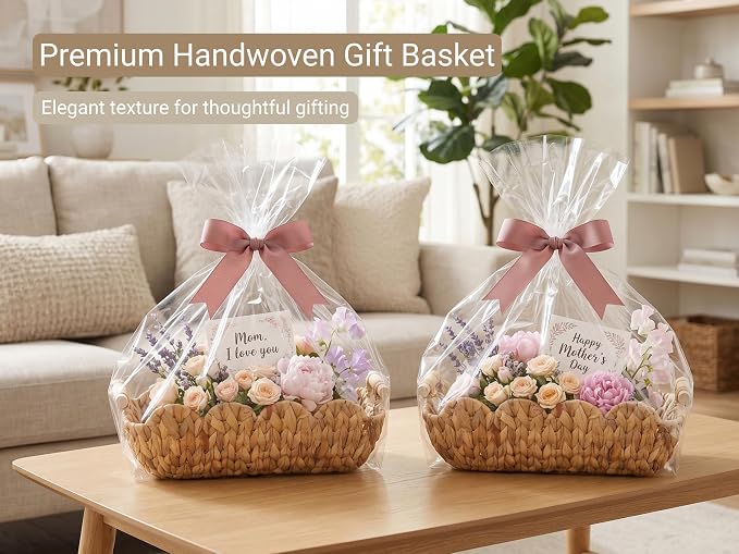 Coeusy Gift Basket, Cute Wicker Basket for Gifts, Scalloped Woven Water Hyacinth Storage Basket with Wooden Handles for Snack, Display, Shelves, 2 Pack