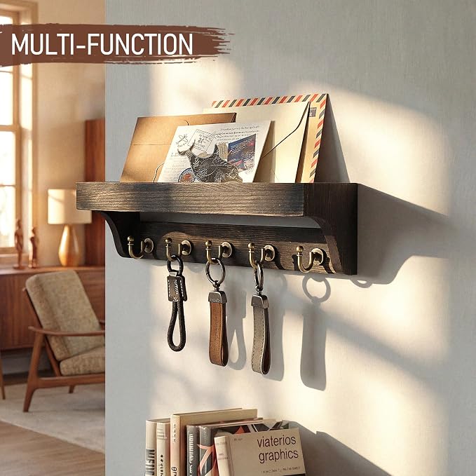 Rebee Vision Key Holder Wall Mount with Shelf for Entryway,Distressed Black | Pine Wood, Key Holder for Wall, Holds Keys and Leashes, Stylish Home and Apartment Organizer, Practical Everyday Storage