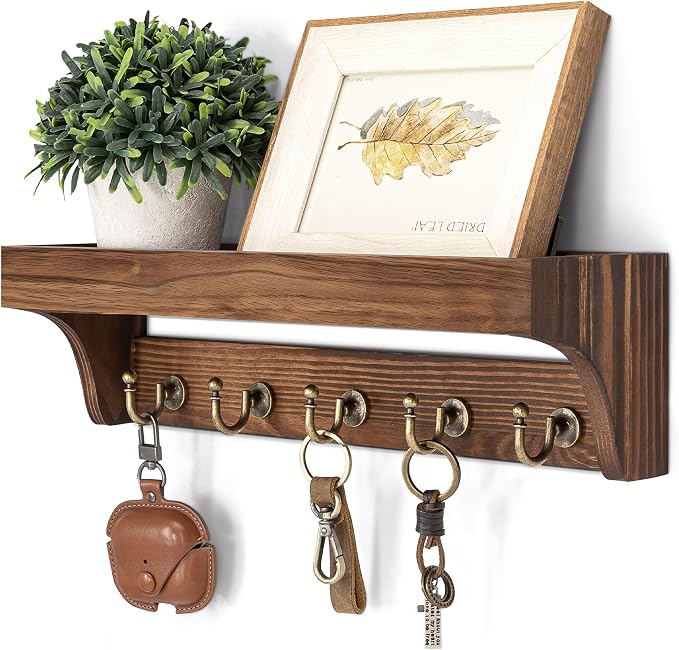 Rebee Vision Key Holder Wall Mount with Shelf for Home Office,Vintage Brown | Pine Wood, 5 Key Hooks for Hats, Farmhouse Organizer, Key Holder for Wall, Practical Storage for Daily Use