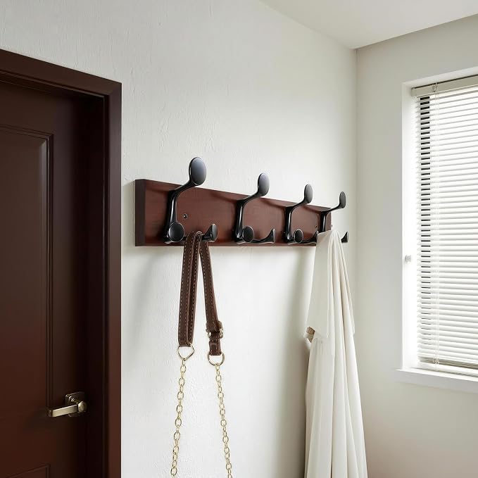 WEBI Coat Rack Wall Mount,24" Solid Wood Coat Hooks Wall Mounted Coat Hanger,16" Hole to Hole,Heavy Duty Hook Rack Rail,4 Triple Hooks for Hanging Coats,Jacket,Clothes,Hat,Backpack,Cherry,2 Packs