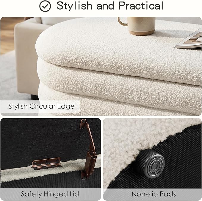 Furniliving Storage Ottoman Bench, 45'' Upholstered Boucle Ottoman with Storage, Aesthetic Bedroom Bench for Living Room Entryway, Beige
