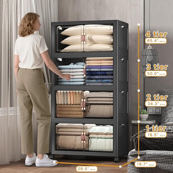 Stackable Storage Bins with Lids, 672QT Closet Organizers and Storage Cabinet with Doors & Wheels, Lockable Plastic Foldable Drawers for Bedroom Dorm Office Garage（168QT*4,Black）