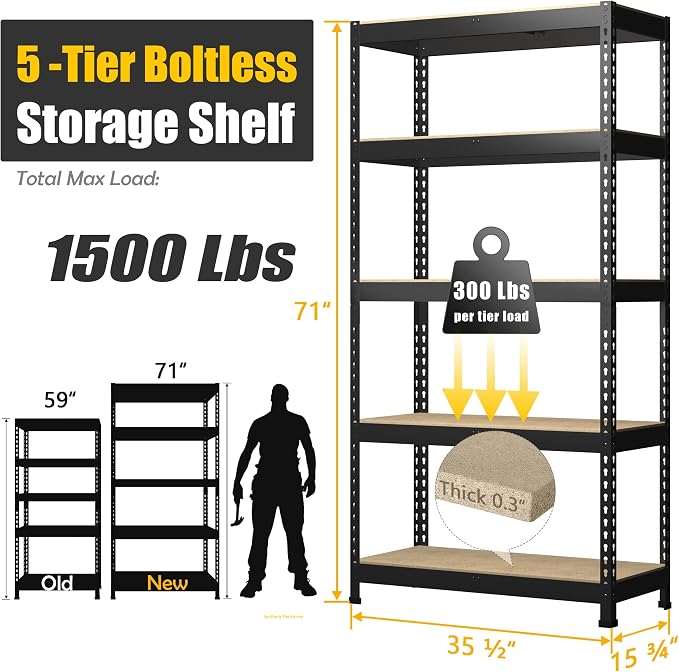 PrimeZone 71"H Storage Shelves, 5 Tier Adjustable Metal Shelf, 2 PCS, Black | 35.5"W x 15.75"D x 71"H, Heavy Duty Metal Connectors, FSC Wood Board, Easy Assembly, Standing Rack for Warehouse, Basement