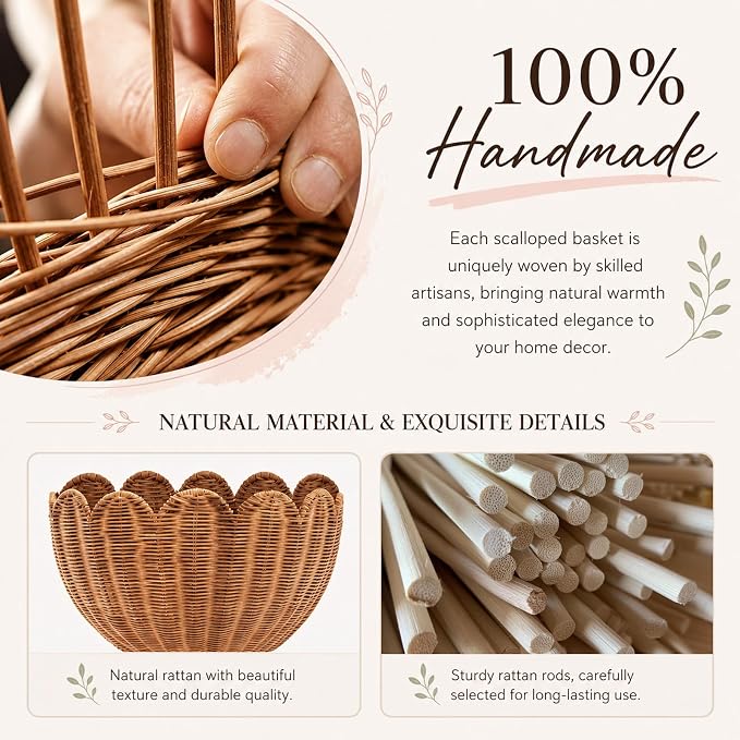 Wall Baskets Woven Scalloped Basket, 100% Handmade Natural Rattan Hanging Wall Basket Decor, Decorative Half Moon Wall Planter for Nursery, Bathroom, Living Room (2 Pack -Large & Small)