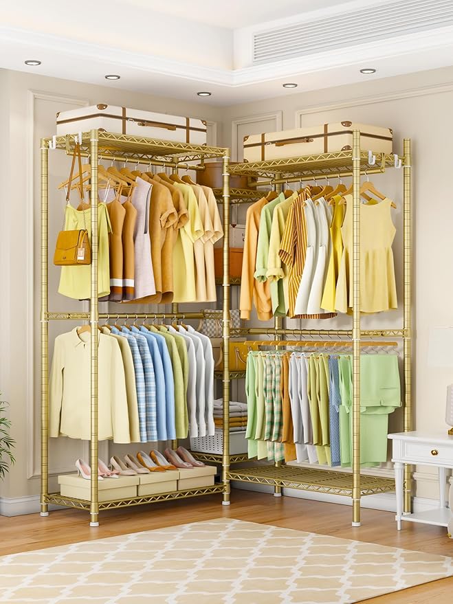 Ulif E4 Clothes Rack, Heavy-Duty Garment Rack Can Be L-Shaped Closet, Gold | Metal Freestanding Clothing Organization Storage System with Shelves and Hangers, Load 962lbs, 70.8"W x 14.5"D x 79.3"H