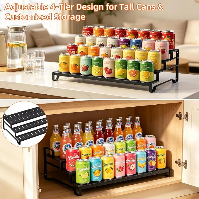 Expandable Can Organizer for Pantry, 4-Tier Adjustable Metal Can Rack | Tiered Countertop Shelf, Adjustable height Pantry Organizer for Kitchen Cabinet, Countertop & Canned Goods Storage