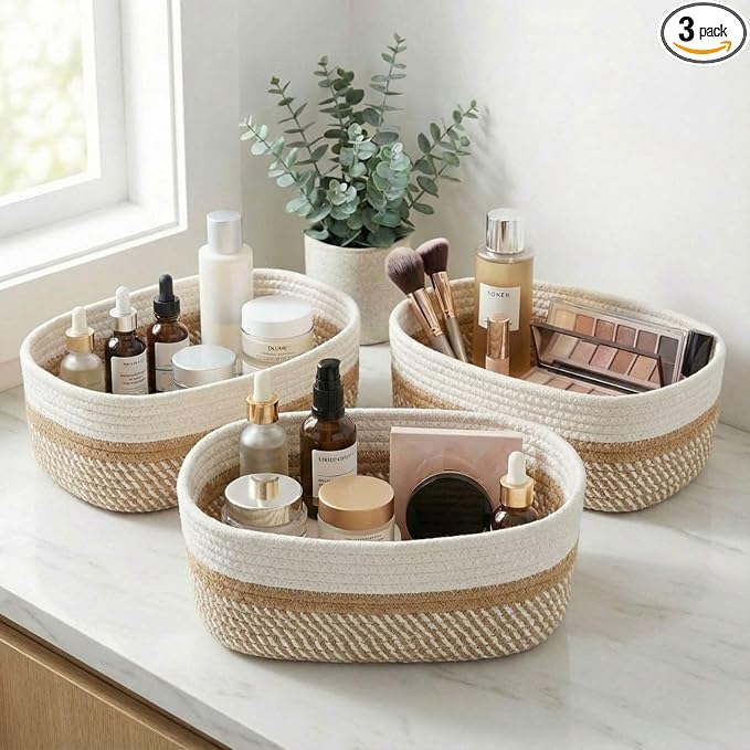 Beautiful Storage Basket Set of 3 - Sturdy Jute Rope Baskets for Shelves Are Perfect for Organizing Your Home - Quality Storage Bins Easily Fit With Any Nursery or Bedroom Decor
