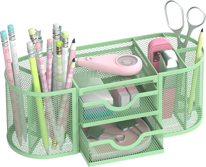 SUPEASY Mesh Desk Organizer, Desk Organizers and Accessories, Pen Holder with Drawers, Pencil Holder for Desk with 2 Drawer for Office Supplies, Mint Green