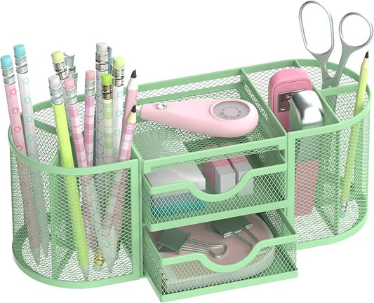 SUPEASY Mesh Desk Organizer, Desk Organizers and Accessories, Pen Holder with Drawers, Pencil Holder for Desk with 2 Drawer for Office Supplies, Mint Green