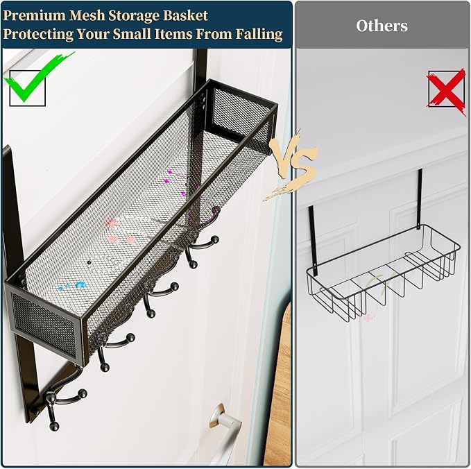 Consumest Over The Door Hooks Organizer - 2 Tier Over Door Hanger with 16 Hooks & 2 Baskets for Hanging Coat, Clothing, Towel, Back Storage for Bathroom, Closet, College Dorm, Black