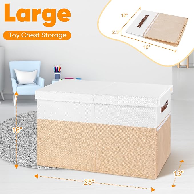 Large Toy Bins Box, Collapsible Storage Chest With Lids, 25"x13"x16" | Sturdy Kids Toy Storage Box with 2 Pockets and Dividers for Boys Girls, Bedroom & Living room Organization, White & Beige
