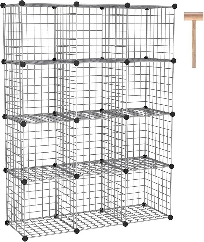 C&AHOME Wire Cube Storage, 12 - Cube Organizer Metal C Grids, Silver Gray | Modular Shelves Units Storage Bins Shelving Bookshelf Shelf Cabinet