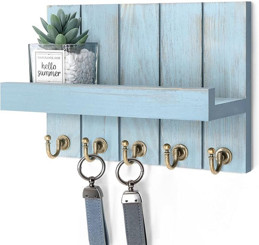 Rebee Vision Key Holder Wall Mount with Shelf for Entryway, Distressed Blue | 3.54'' x 10''x 7.28'', Key Holder for Wall, Floating Shelf, Plant Display, Mail Sorter, Hanging Hooks, Mid-Century Decor
