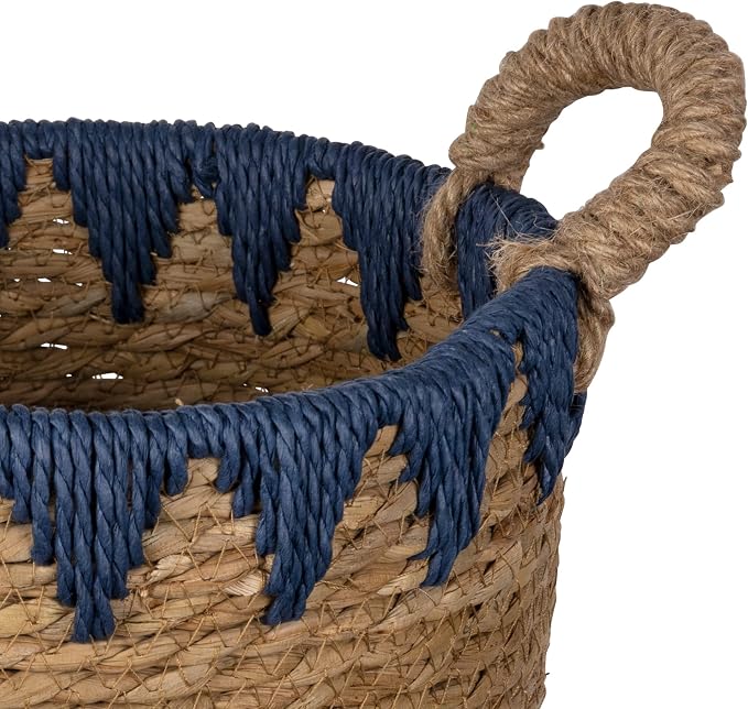 Stratton Home Decor Woven Straw Decorative Storage Basket | Rustic Wicker Basket for Storing Essentials | Natural Colored Blanket Basket with Blue Details | 10.0”x10.0”x10.0”
