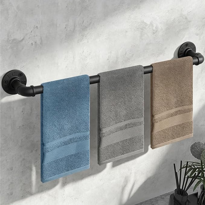 Industrial Pipe Towel Rack Towel Bar, Heavy Duty Wall Mounted Rustic Farmhouse Bath Towel Holder for Bathroom (Black, 32 inch)