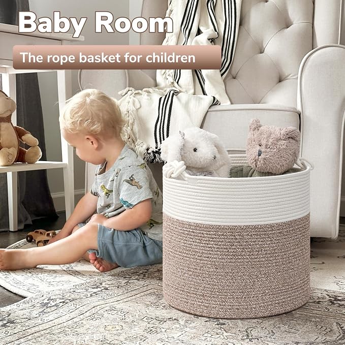 Goodpick Jute Woven Basket for Blankets Clothes Organizing，Cotton Rope, 40L | Soft Blanket & Laundry Basket with Handles, Baby Toy Storage Basket for Living Room, Playroom, Nursery, Brown