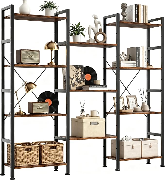 HealSmart Triple Column 4 Tier Bookshelf, Industrial Bookcase with 11 Open Display Adjustable Shelves, Wide Convertible Display Modern Bookshelf for Living Room & Home Office, Brown