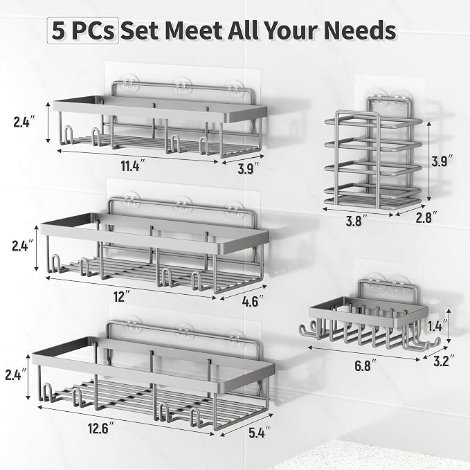 Liuoud 5 Pack Shower Caddy Organizer Rack Shelf for Inside Shower, Self Adhesive Bathroom Wall Storage Basket Rustproof Stainless Steel Large Capacity Shampoo Holder, Grey