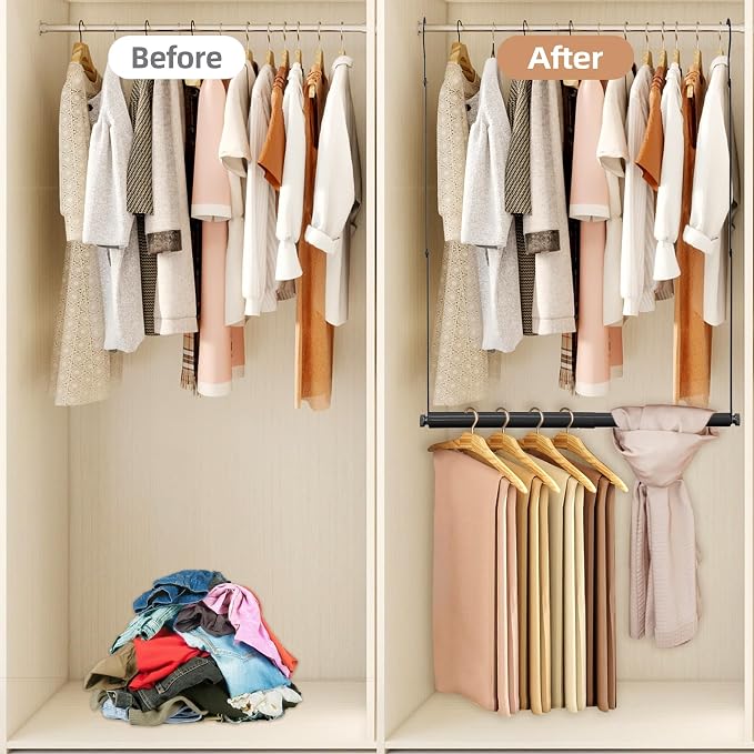 STORAGE MANIAC Adjustable Closet Rod for Hanging Clothes, 1 Pack Black | Expandable 17.9"-29.7" Heavy-Duty Metal Closet Hanging Rod with 9 Height Adjustments, Space-Saving Double Closet Organizer