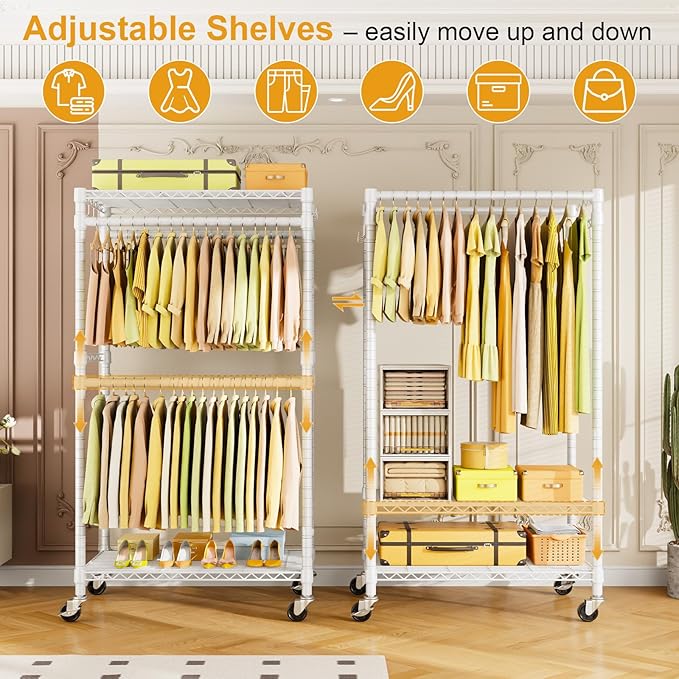 ULIFHOME P4 Rolling Clothes Rack, Clothing Racks for Hanging Clothes, White | Heavy Duty Garment Rack with Wheels, 2-Tier Free Standing Portable Closet Racks 35.5''W × 20.5''D × 80.5''H, Max Load 560Lbs